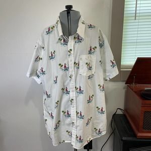 Eighty Eight Platinum hula girl surfing on shark button up shirt size XXL